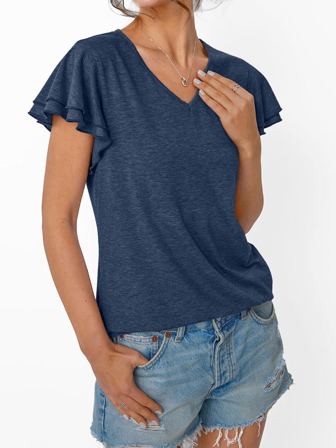 imageAUTOMET Womens Short Sleeve TShirts V Neck Tops Summer Fashion Dressy Casual Basic Ruffle Blouse Soft 2025 Spring ClothesNavy