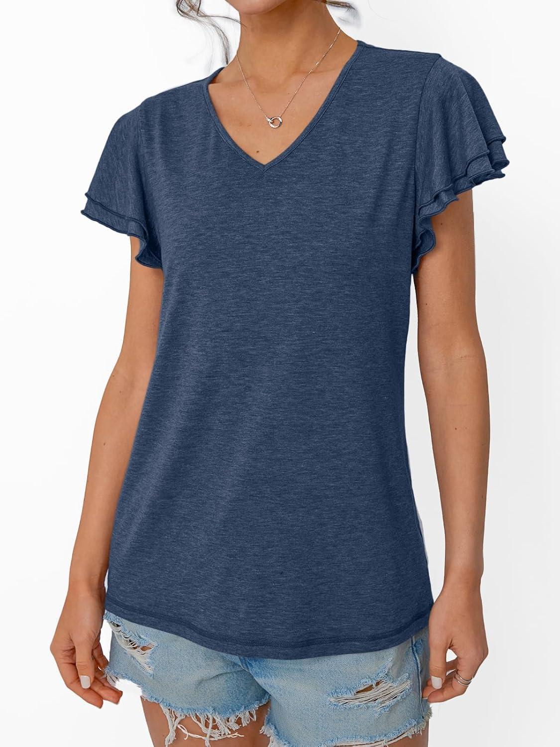 imageAUTOMET Womens Short Sleeve TShirts V Neck Tops Summer Fashion Dressy Casual Basic Ruffle Blouse Soft 2025 Spring ClothesNavy