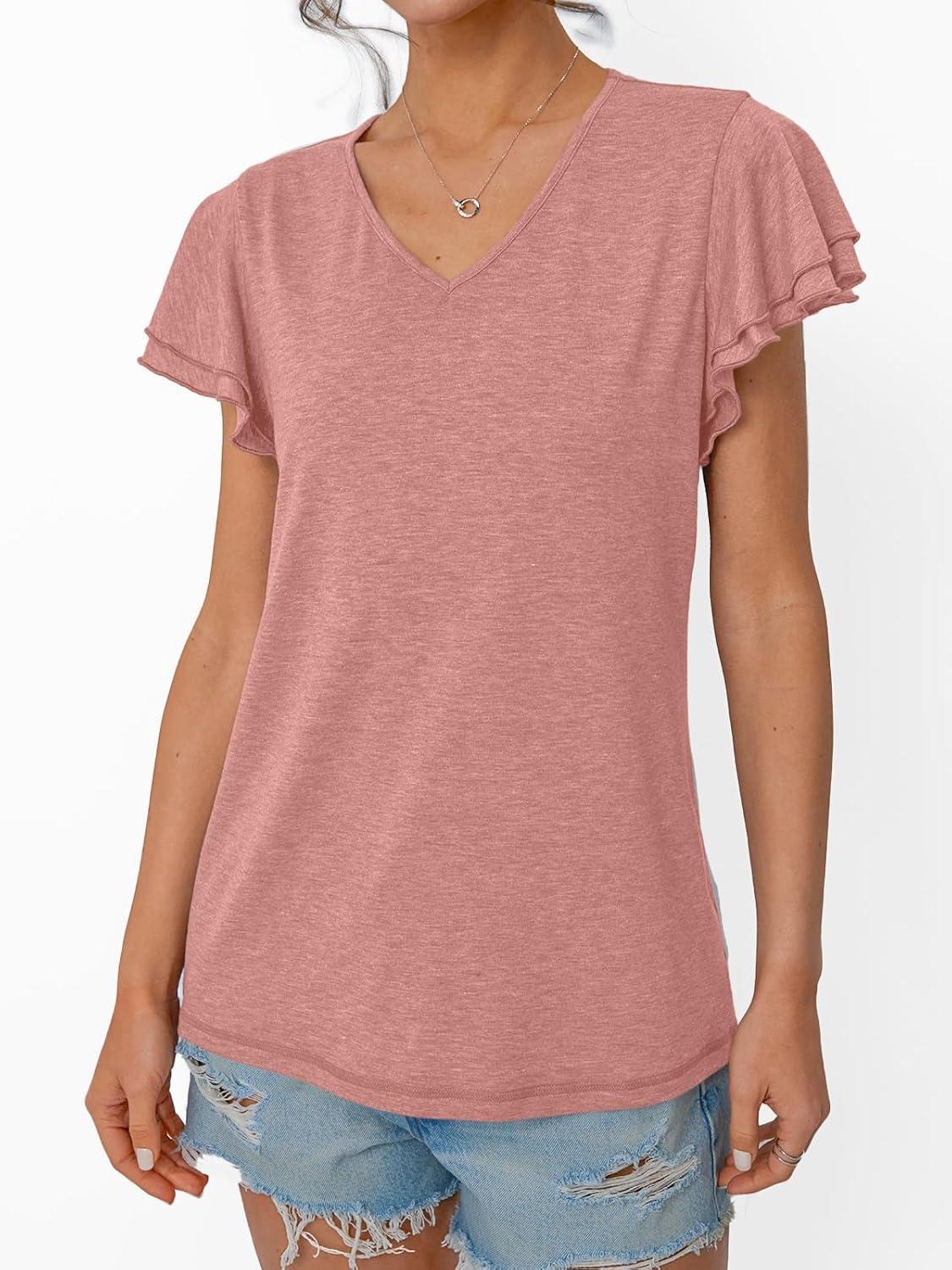 imageAUTOMET Womens Short Sleeve TShirts V Neck Tops Summer Fashion Dressy Casual Basic Ruffle Blouse Soft 2025 Spring ClothesPink