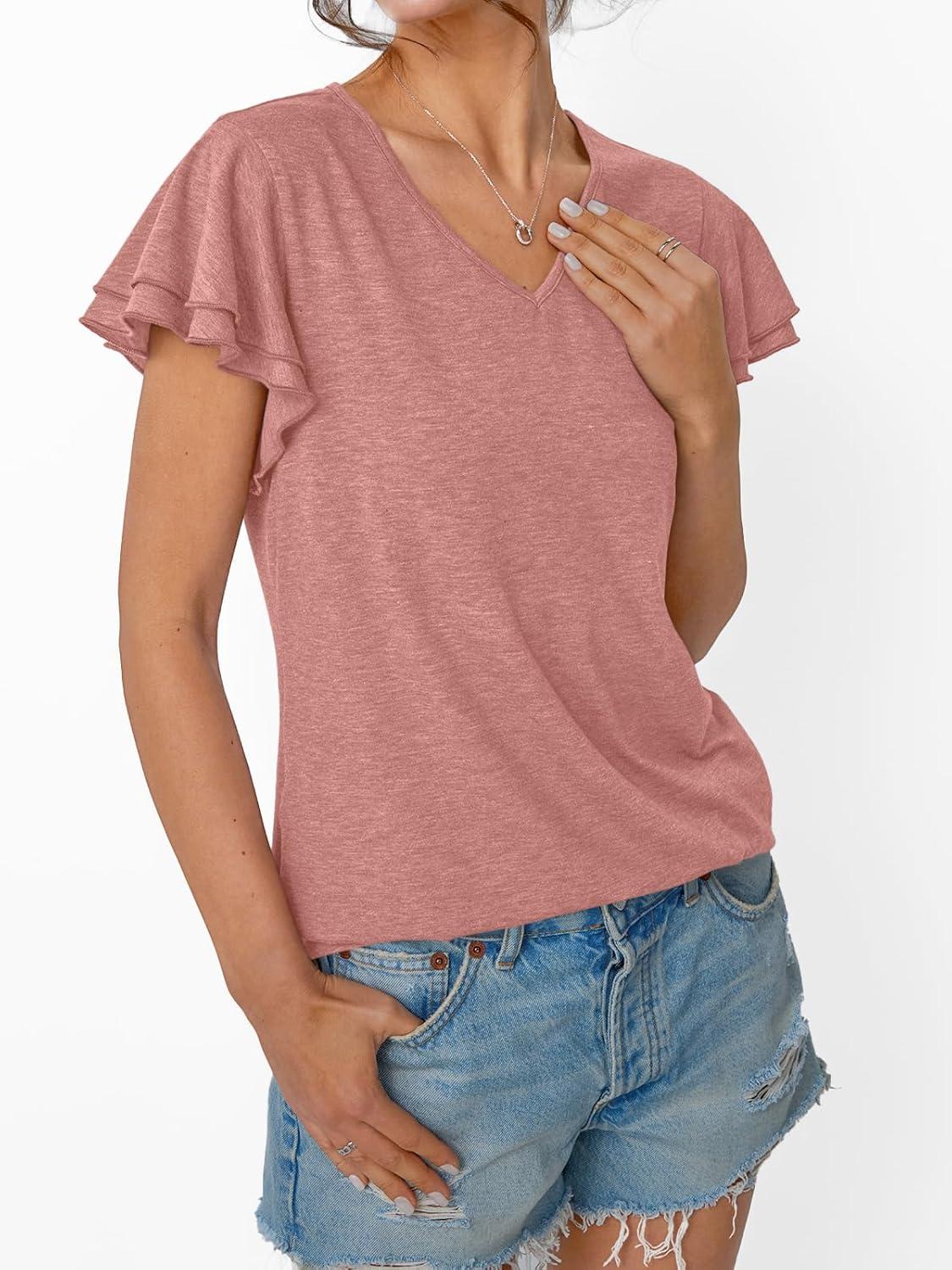 imageAUTOMET Womens Short Sleeve TShirts V Neck Tops Summer Fashion Dressy Casual Basic Ruffle Blouse Soft 2025 Spring ClothesPink