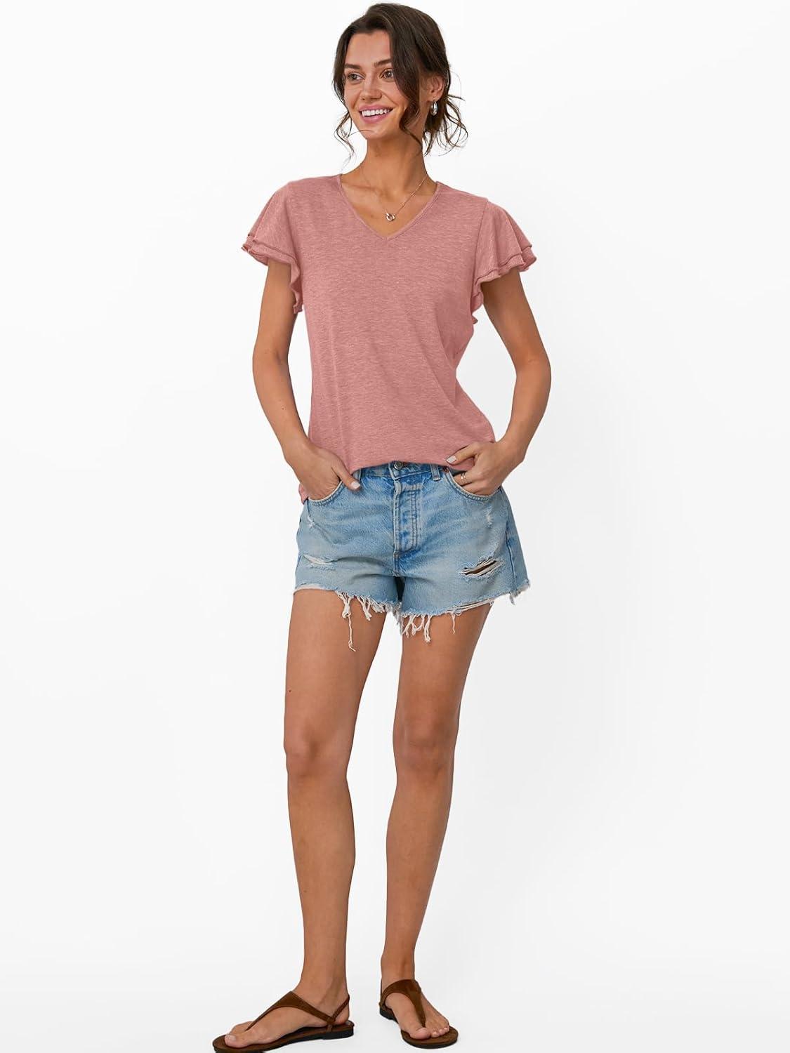 imageAUTOMET Womens Short Sleeve TShirts V Neck Tops Summer Fashion Dressy Casual Basic Ruffle Blouse Soft 2025 Spring ClothesPink