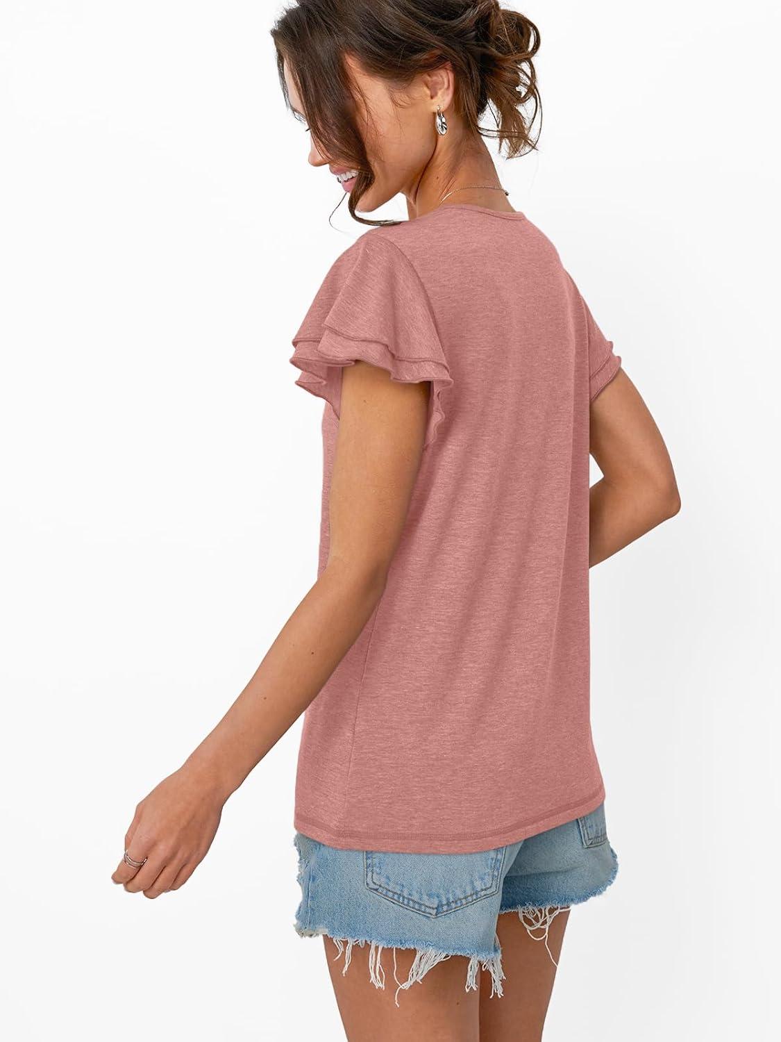imageAUTOMET Womens Short Sleeve TShirts V Neck Tops Summer Fashion Dressy Casual Basic Ruffle Blouse Soft 2025 Spring ClothesPink