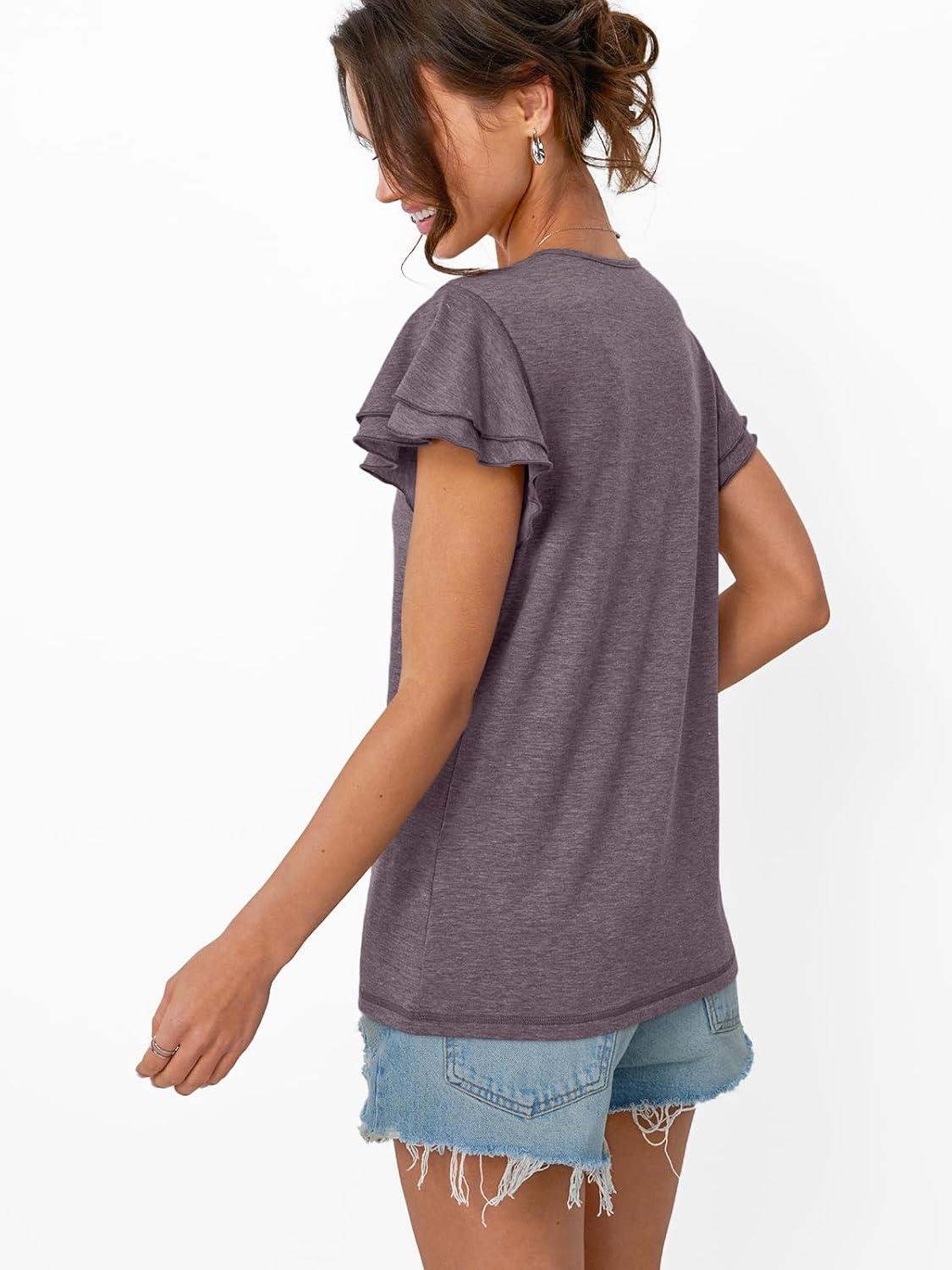 imageAUTOMET Womens Short Sleeve TShirts V Neck Tops Summer Fashion Dressy Casual Basic Ruffle Blouse Soft 2025 Spring ClothesRosetaupe