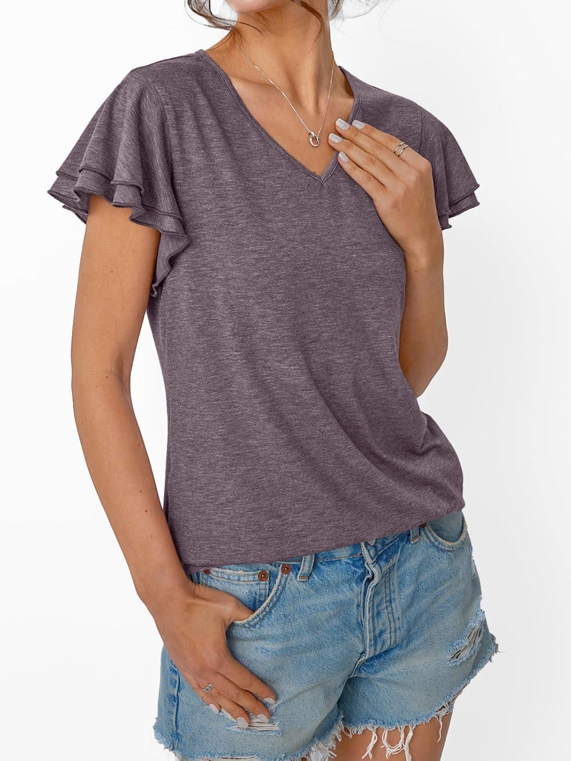 imageAUTOMET Womens Short Sleeve TShirts V Neck Tops Summer Fashion Dressy Casual Basic Ruffle Blouse Soft 2025 Spring ClothesRosetaupe