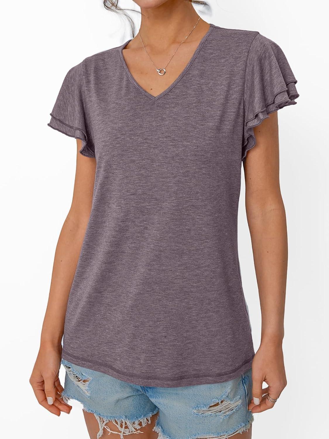 imageAUTOMET Womens Short Sleeve TShirts V Neck Tops Summer Fashion Dressy Casual Basic Ruffle Blouse Soft 2025 Spring ClothesRosetaupe