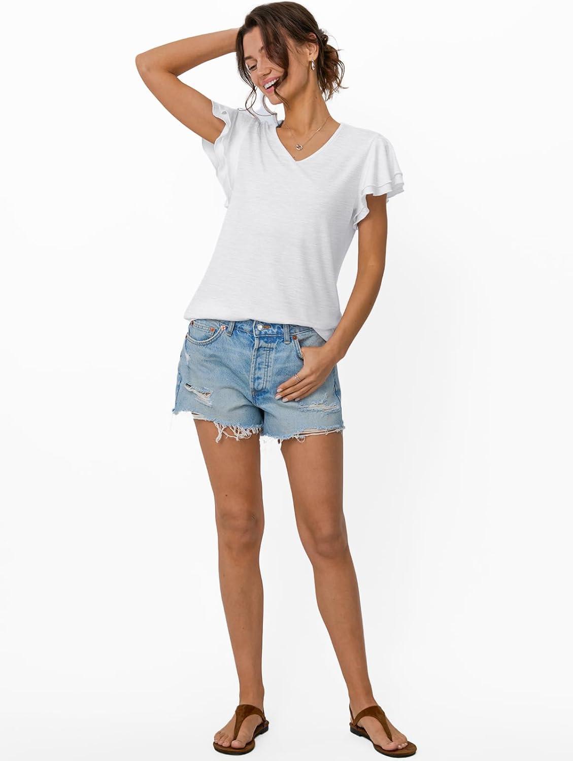 imageAUTOMET Womens Short Sleeve TShirts V Neck Tops Summer Fashion Dressy Casual Basic Ruffle Blouse Soft 2025 Spring ClothesWhite