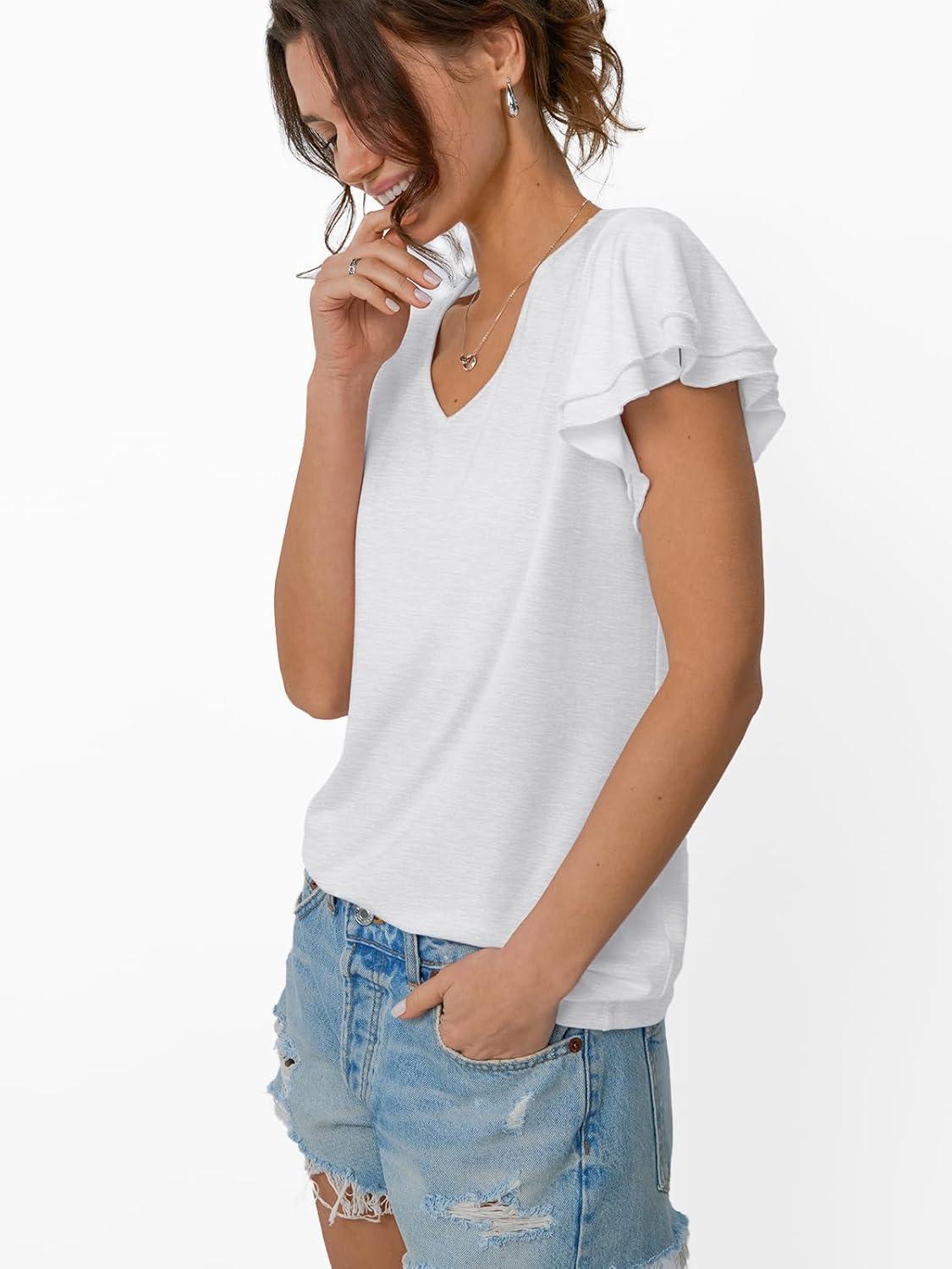 imageAUTOMET Womens Short Sleeve TShirts V Neck Tops Summer Fashion Dressy Casual Basic Ruffle Blouse Soft 2025 Spring ClothesWhite