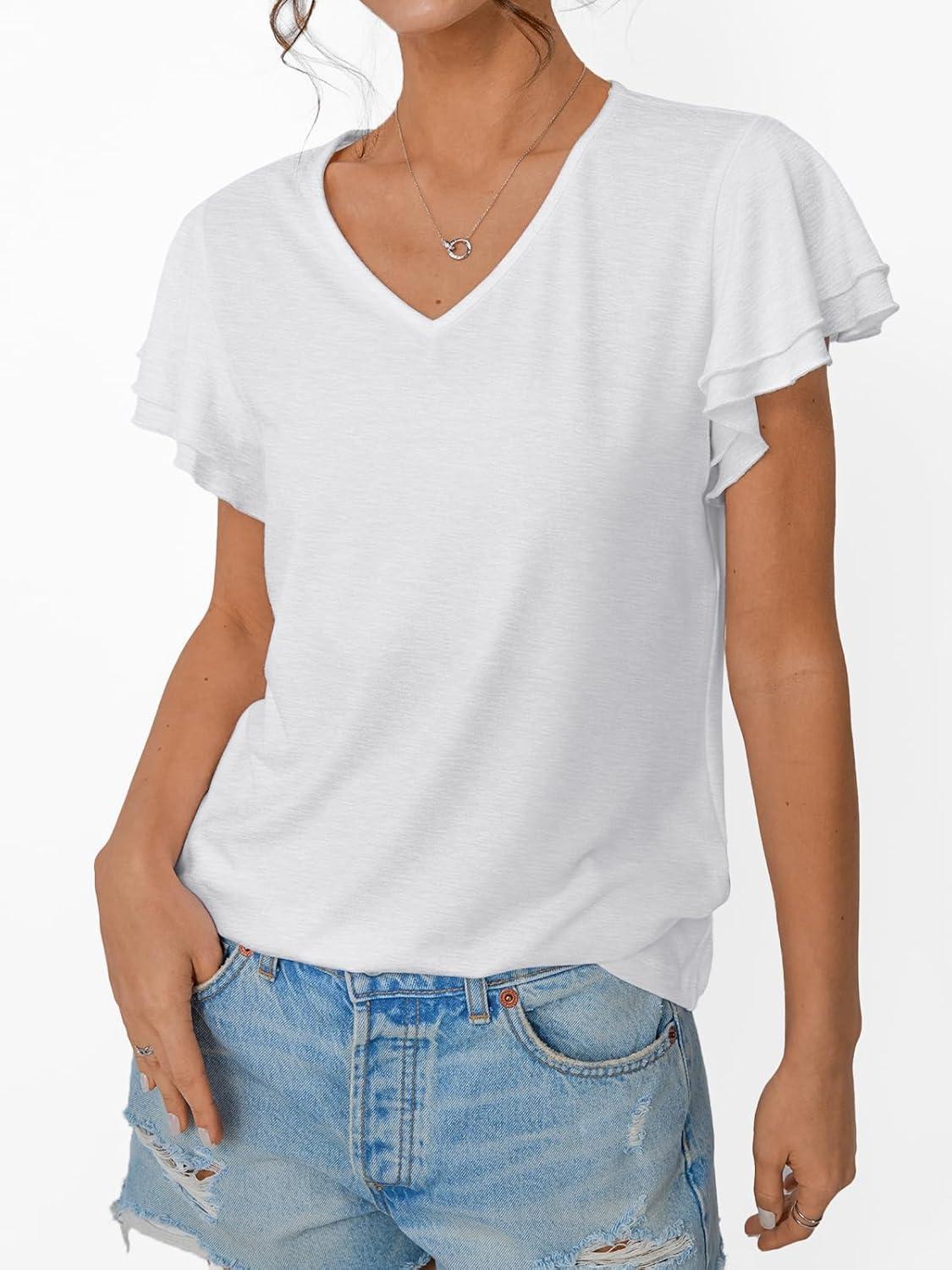 imageAUTOMET Womens Short Sleeve TShirts V Neck Tops Summer Fashion Dressy Casual Basic Ruffle Blouse Soft 2025 Spring ClothesWhite