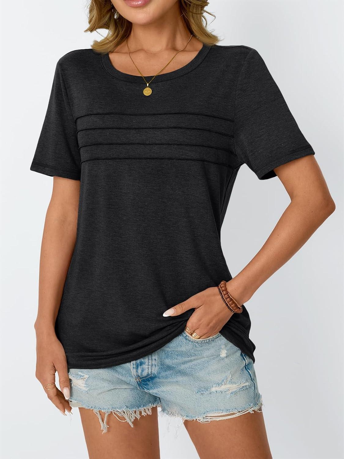 imageAUTOMET Womens Summer Short Sleeve Shirts Trendy TShirts Dressy Casual Blouses 2025 Crew Neck Tunic Beach Fashion TopsBlack