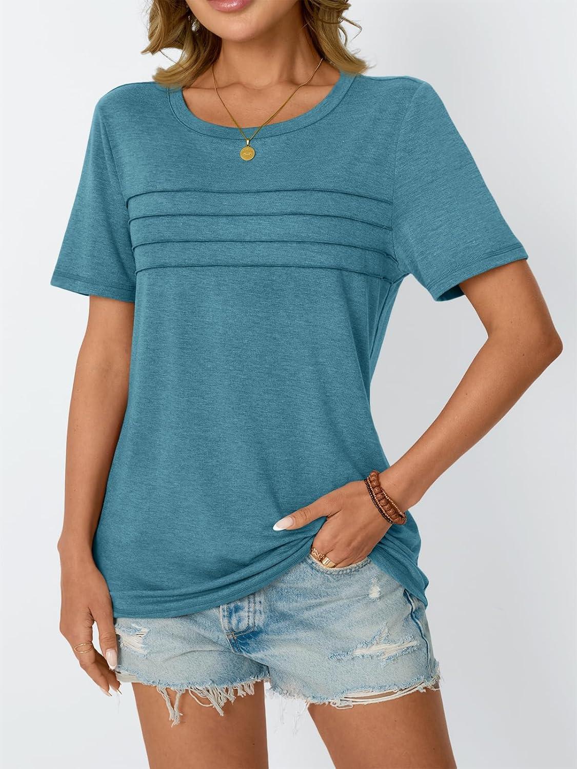 imageAUTOMET Womens Summer Short Sleeve Shirts Trendy TShirts Dressy Casual Blouses 2025 Crew Neck Tunic Beach Fashion TopsBluegreen