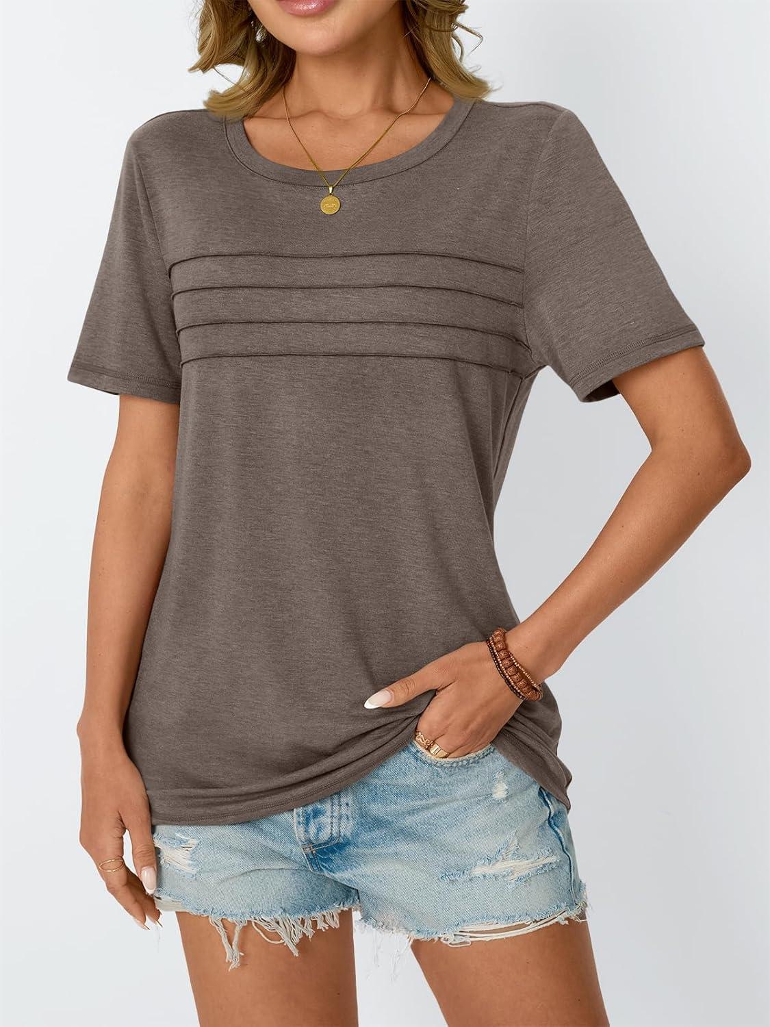 imageAUTOMET Womens Summer Short Sleeve Shirts Trendy TShirts Dressy Casual Blouses 2025 Crew Neck Tunic Beach Fashion TopsCoffee