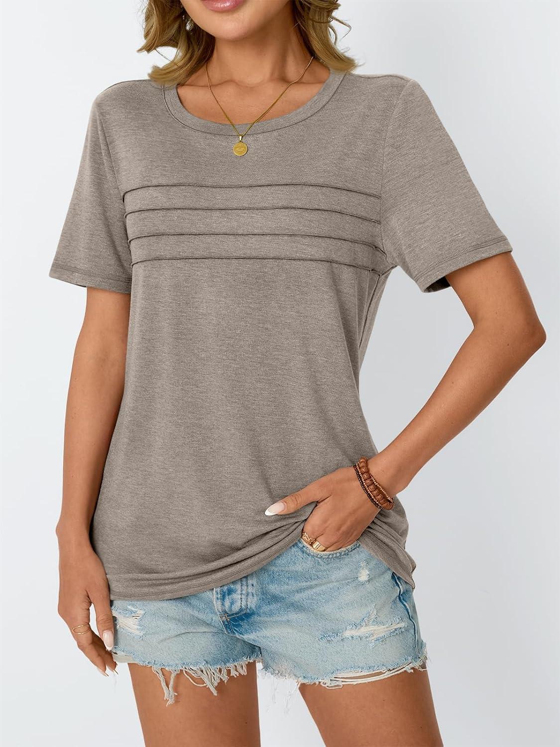 imageAUTOMET Womens Summer Short Sleeve Shirts Trendy TShirts Dressy Casual Blouses 2025 Crew Neck Tunic Beach Fashion TopsCoffeegray