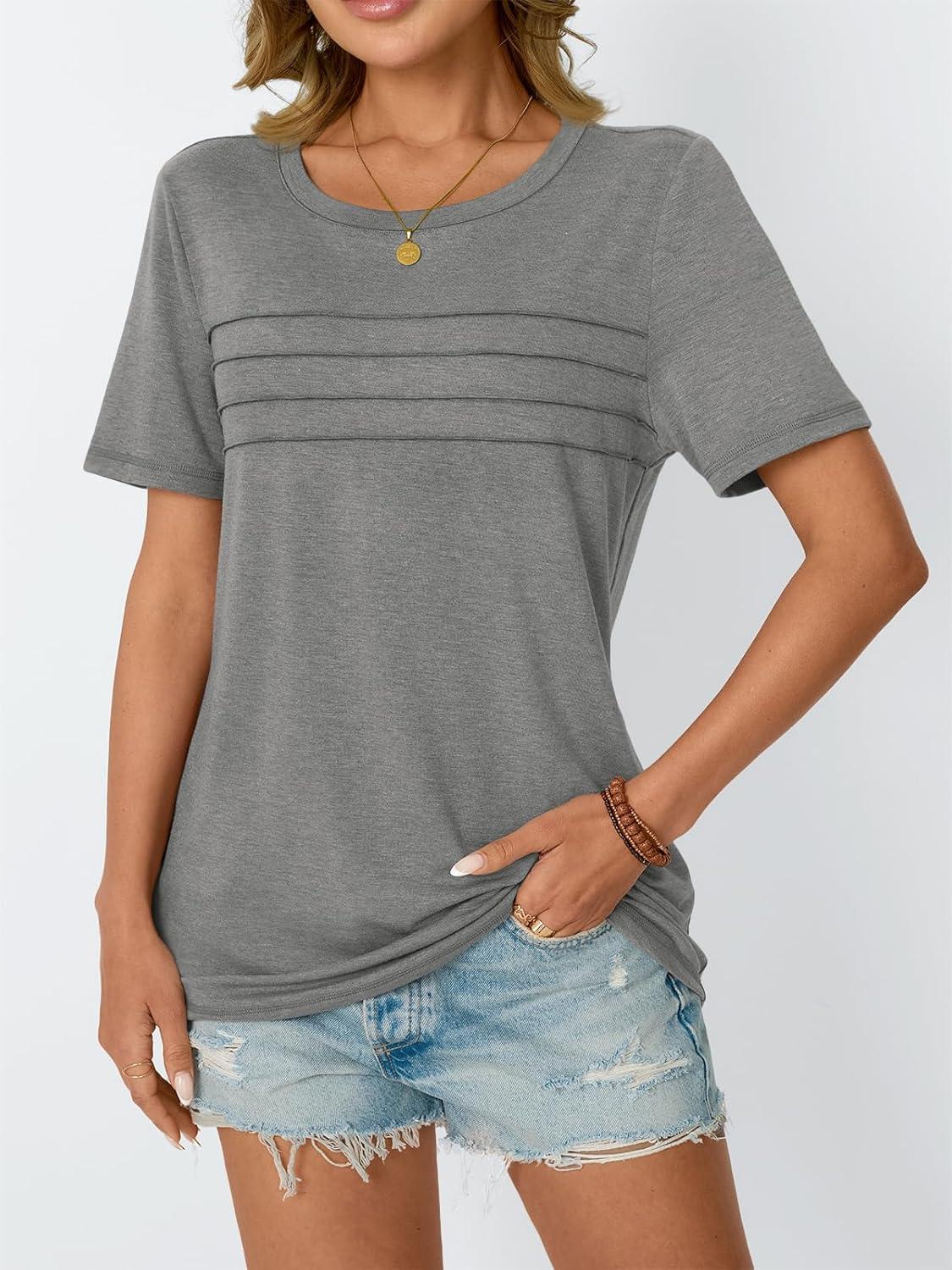 imageAUTOMET Womens Summer Short Sleeve Shirts Trendy TShirts Dressy Casual Blouses 2025 Crew Neck Tunic Beach Fashion TopsGrey