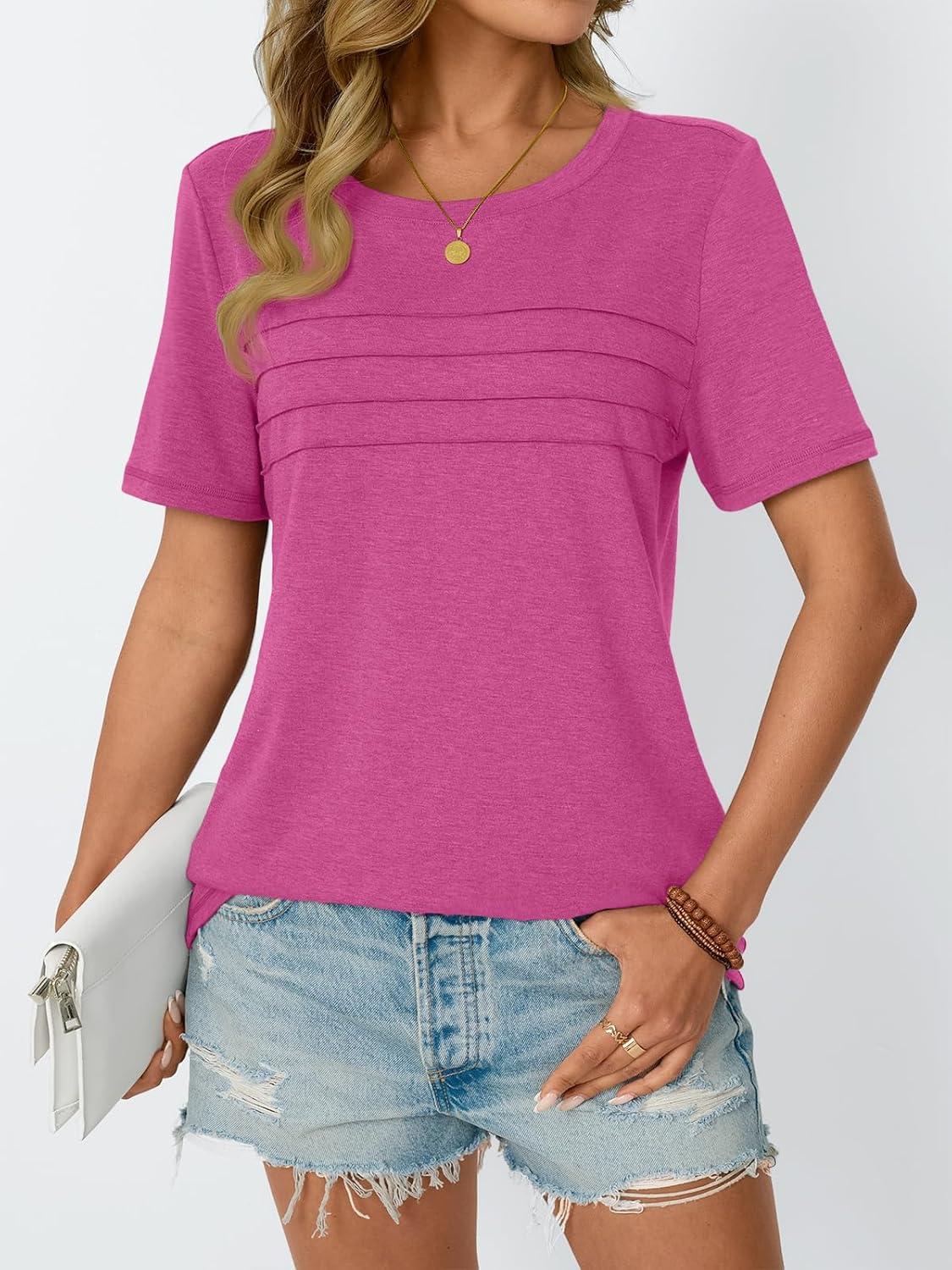 imageAUTOMET Womens Summer Short Sleeve Shirts Trendy TShirts Dressy Casual Blouses 2025 Crew Neck Tunic Beach Fashion TopsHotpink