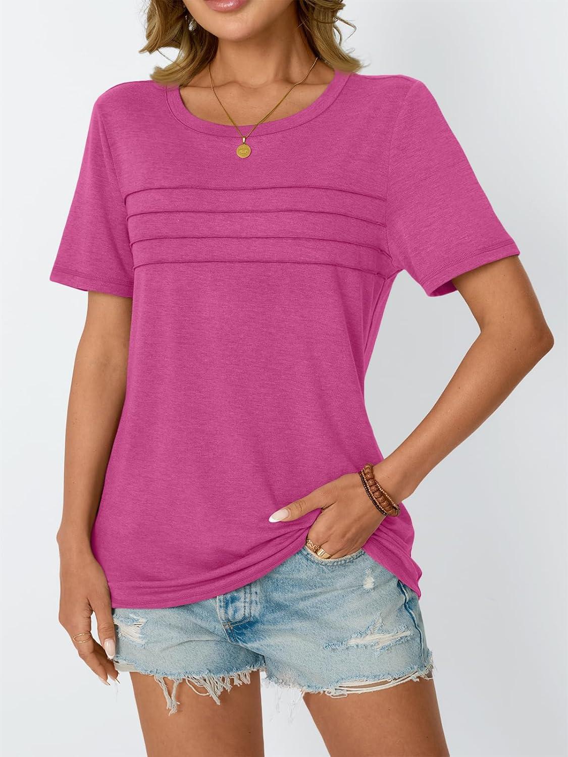 imageAUTOMET Womens Summer Short Sleeve Shirts Trendy TShirts Dressy Casual Blouses 2025 Crew Neck Tunic Beach Fashion TopsHotpink