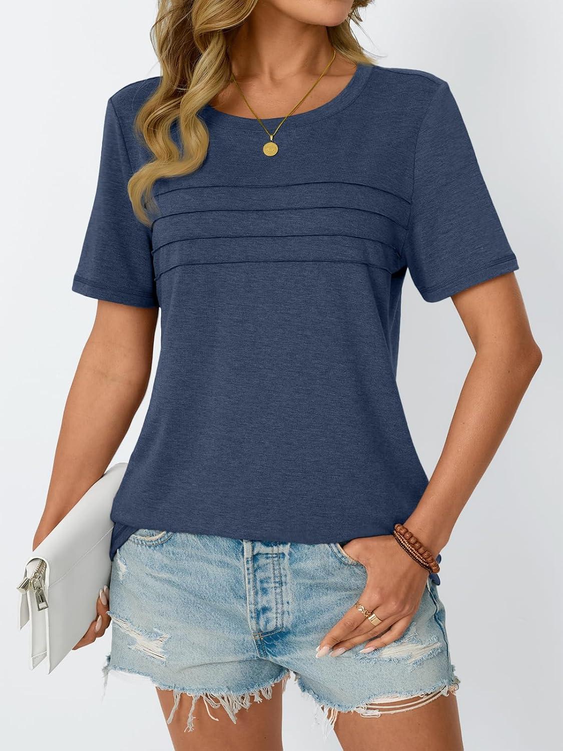 imageAUTOMET Womens Summer Short Sleeve Shirts Trendy TShirts Dressy Casual Blouses 2025 Crew Neck Tunic Beach Fashion TopsNavy