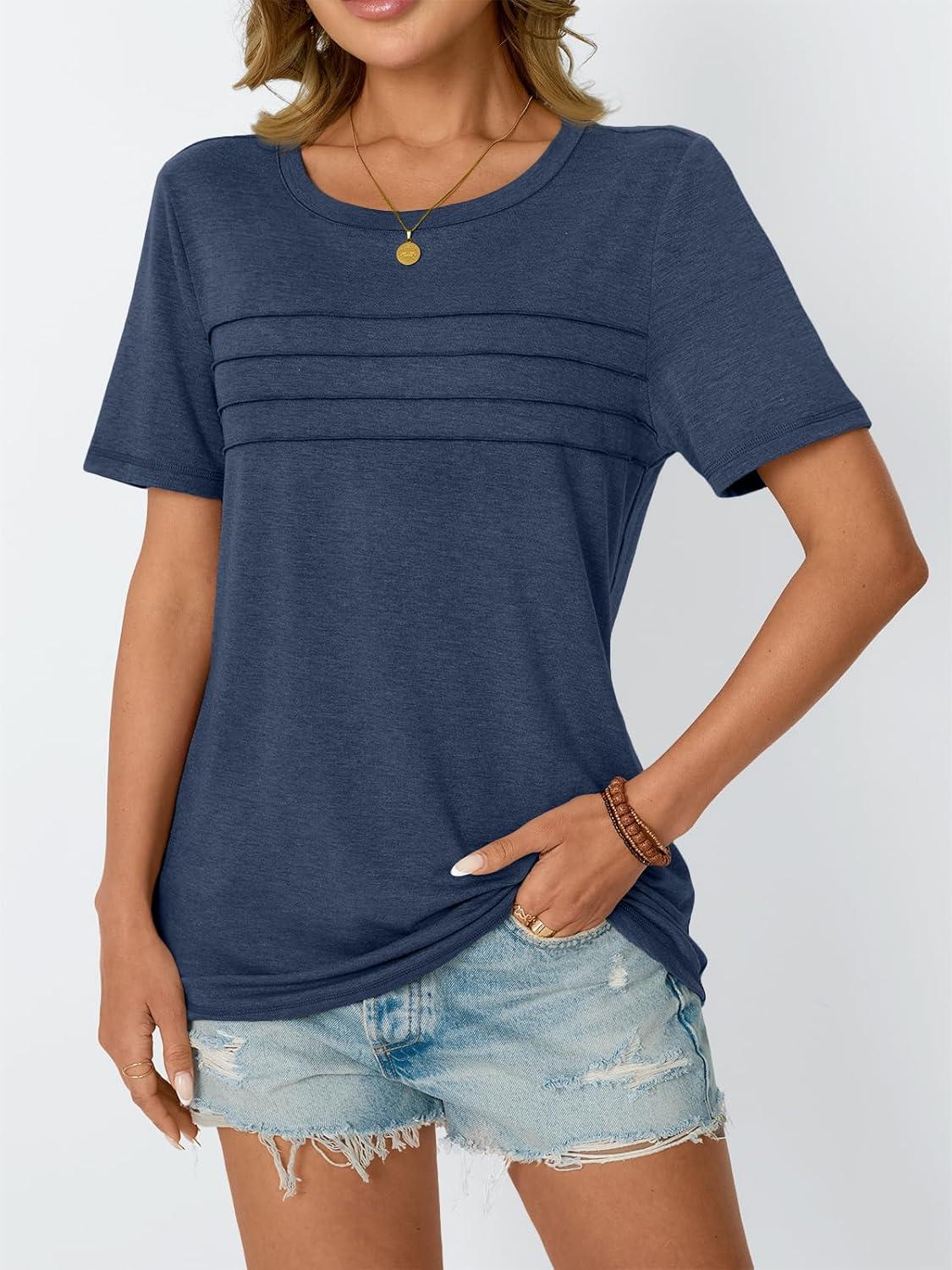 imageAUTOMET Womens Summer Short Sleeve Shirts Trendy TShirts Dressy Casual Blouses 2025 Crew Neck Tunic Beach Fashion TopsNavy