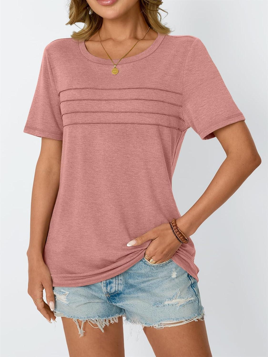 imageAUTOMET Womens Summer Short Sleeve Shirts Trendy TShirts Dressy Casual Blouses 2025 Crew Neck Tunic Beach Fashion TopsPink