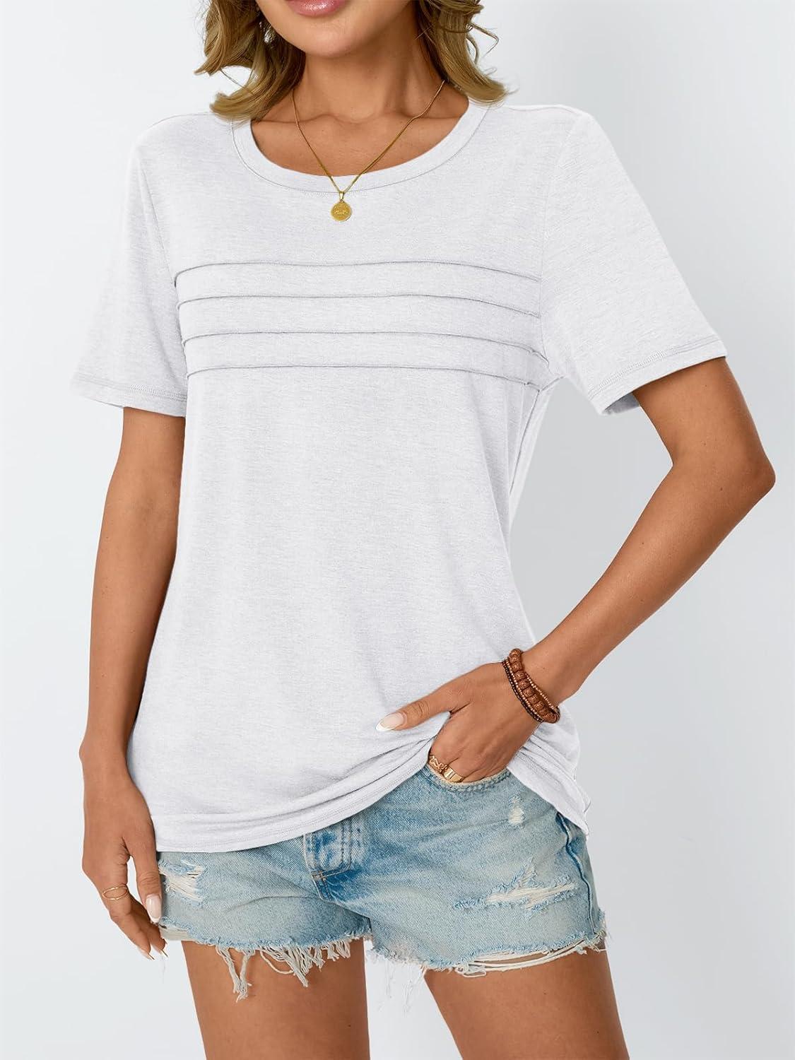 imageAUTOMET Womens Summer Short Sleeve Shirts Trendy TShirts Dressy Casual Blouses 2025 Crew Neck Tunic Beach Fashion TopsWhite