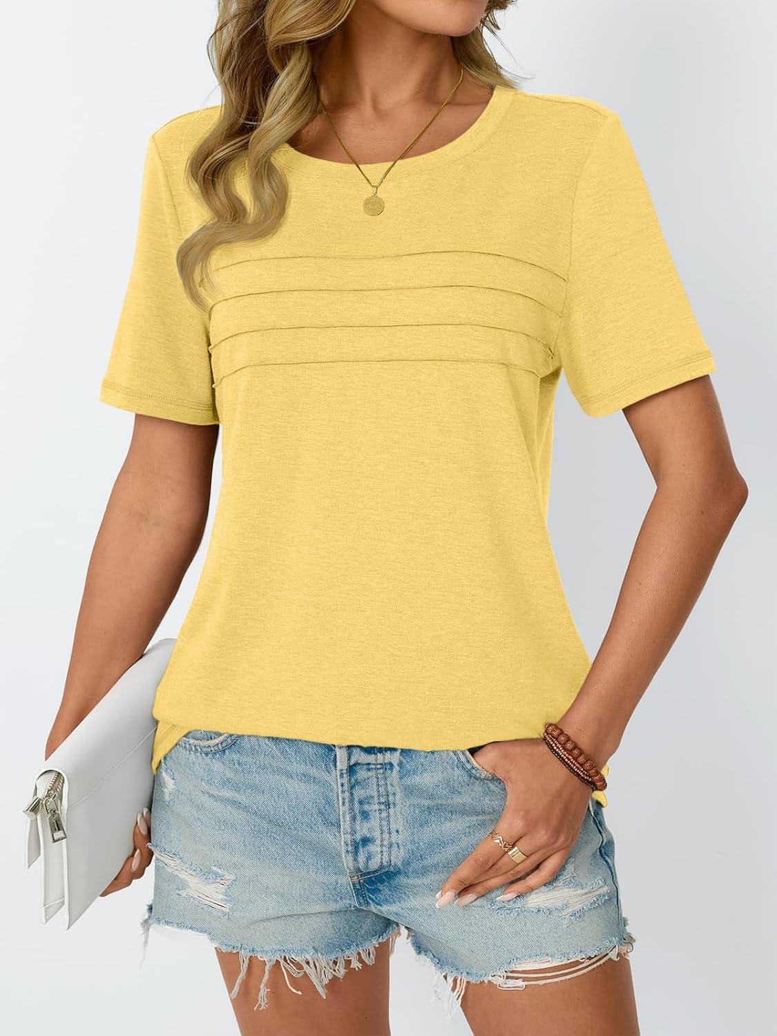imageAUTOMET Womens Summer Short Sleeve Shirts Trendy TShirts Dressy Casual Blouses 2025 Crew Neck Tunic Beach Fashion TopsYellow
