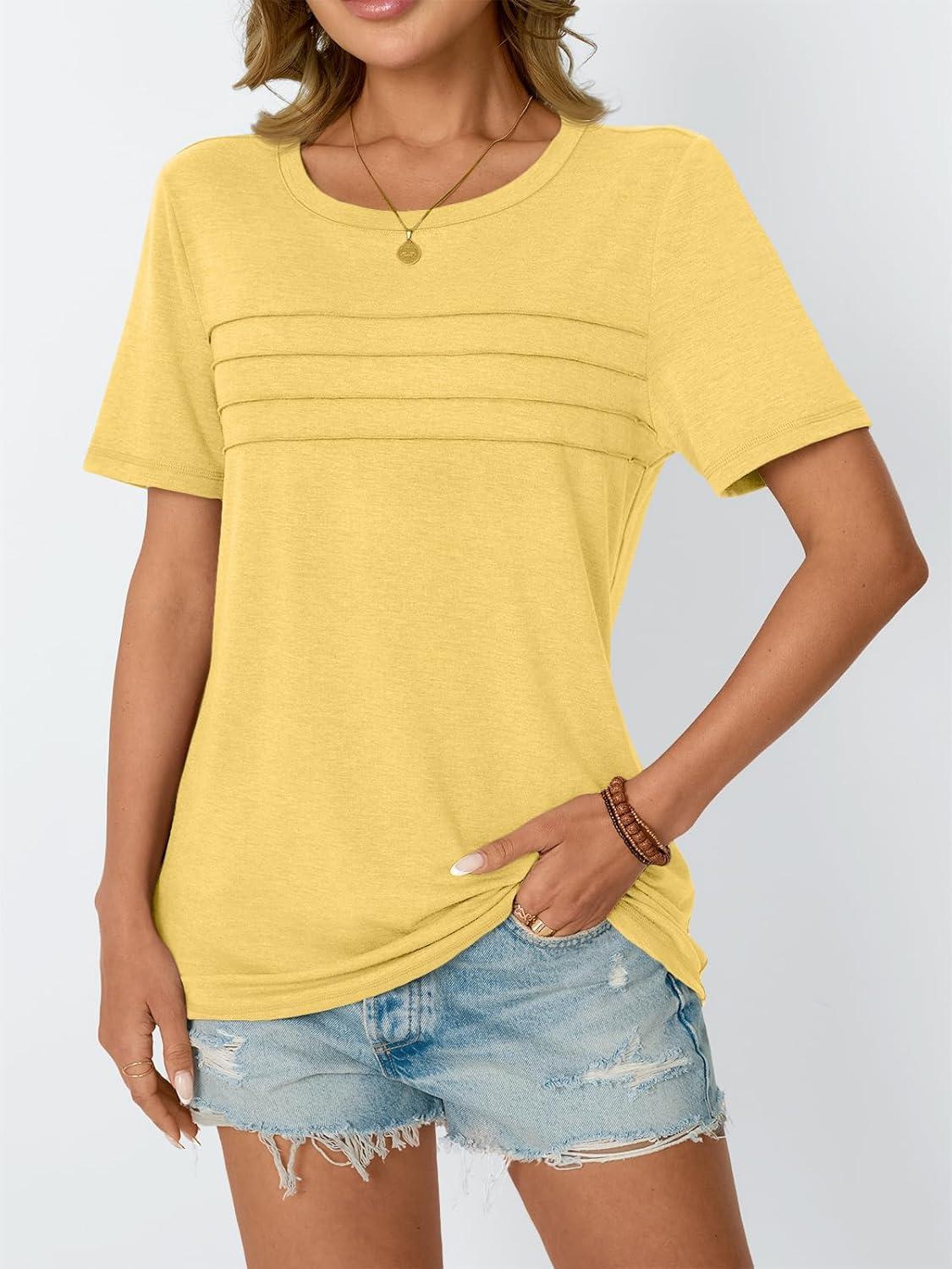 imageAUTOMET Womens Summer Short Sleeve Shirts Trendy TShirts Dressy Casual Blouses 2025 Crew Neck Tunic Beach Fashion TopsYellow