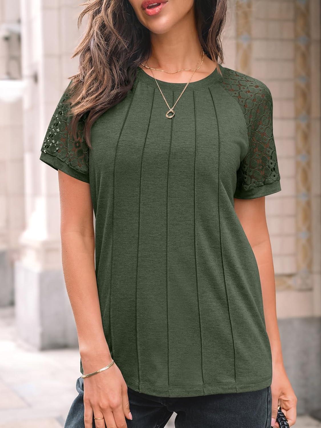 imageAUTOMET Womens T Shirts Lace Tops Fashion Short Sleeve Trendy Business Casual Dressy Knitted Summer Clothes 2025Army Green