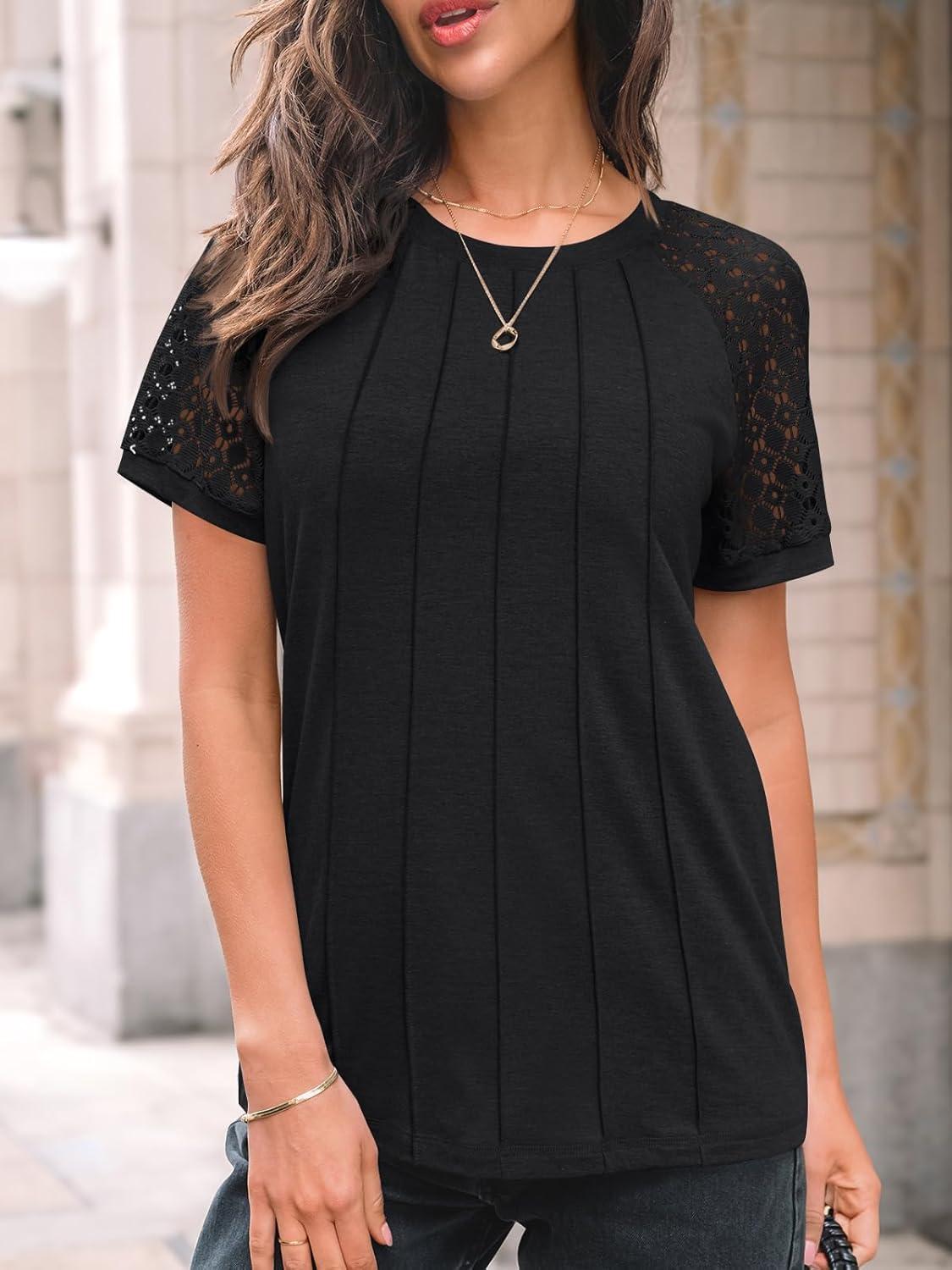 imageAUTOMET Womens T Shirts Lace Tops Fashion Short Sleeve Trendy Business Casual Dressy Knitted Summer Clothes 2025Black