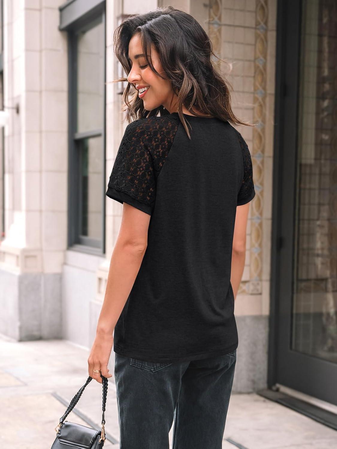 imageAUTOMET Womens T Shirts Lace Tops Fashion Short Sleeve Trendy Business Casual Dressy Knitted Summer Clothes 2025Black