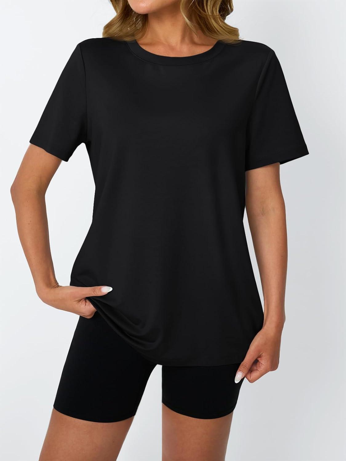 imageAUTOMET Womens Workout Tops Short Sleeve Gym Shirts Summer Athletic Yoga Tshirts Loose Fit Casual Clothes 2025Black
