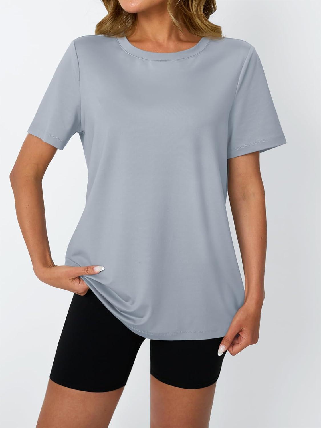 imageAUTOMET Womens Workout Tops Short Sleeve Gym Shirts Summer Athletic Yoga Tshirts Loose Fit Casual Clothes 2025Grey