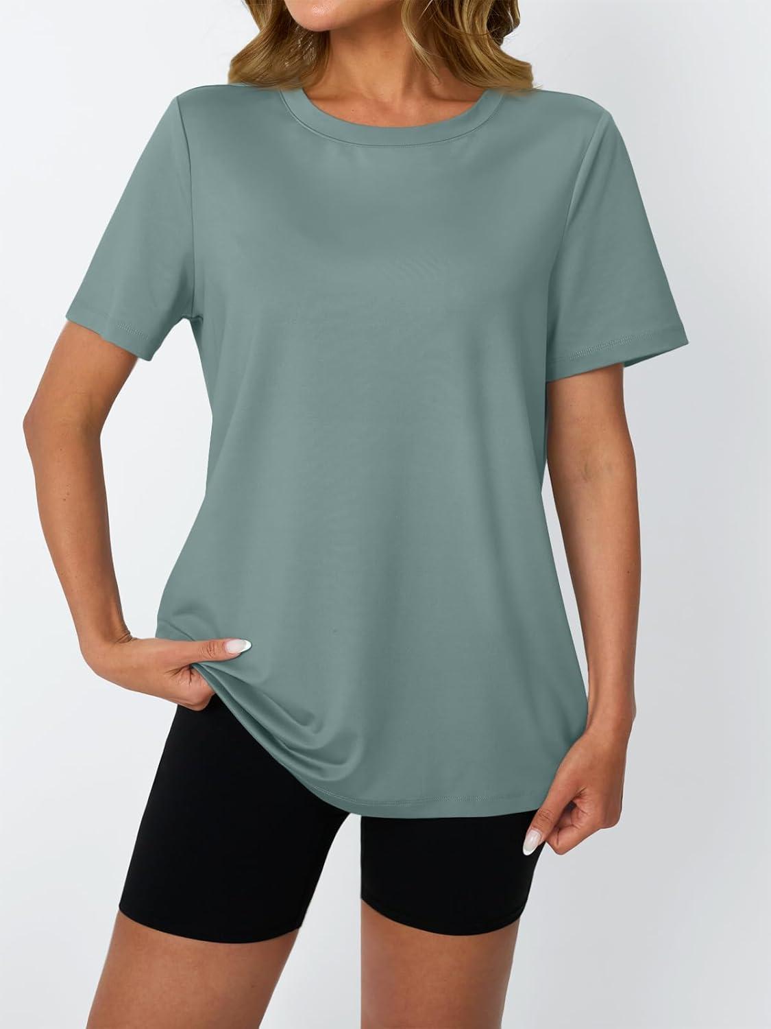 imageAUTOMET Womens Workout Tops Short Sleeve Gym Shirts Summer Athletic Yoga Tshirts Loose Fit Casual Clothes 2025Greygreen