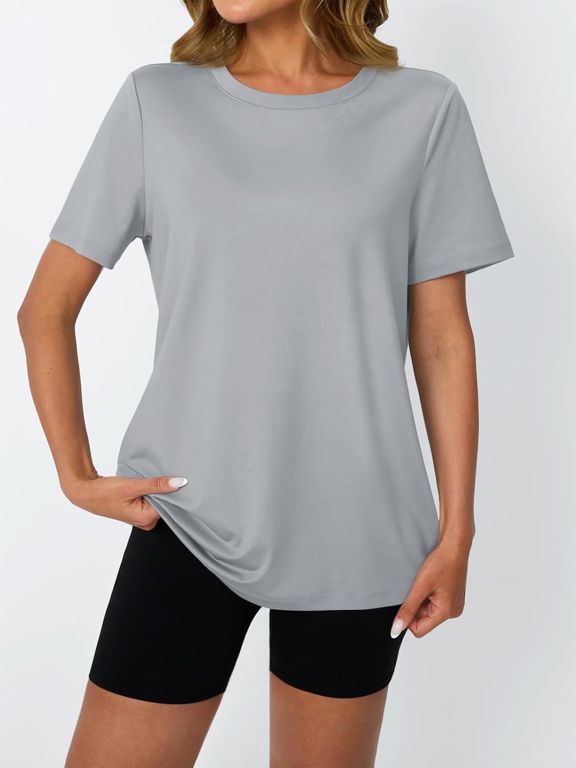 imageAUTOMET Womens Workout Tops Short Sleeve Gym Shirts Summer Athletic Yoga Tshirts Loose Fit Casual Clothes 2025Lightgrey