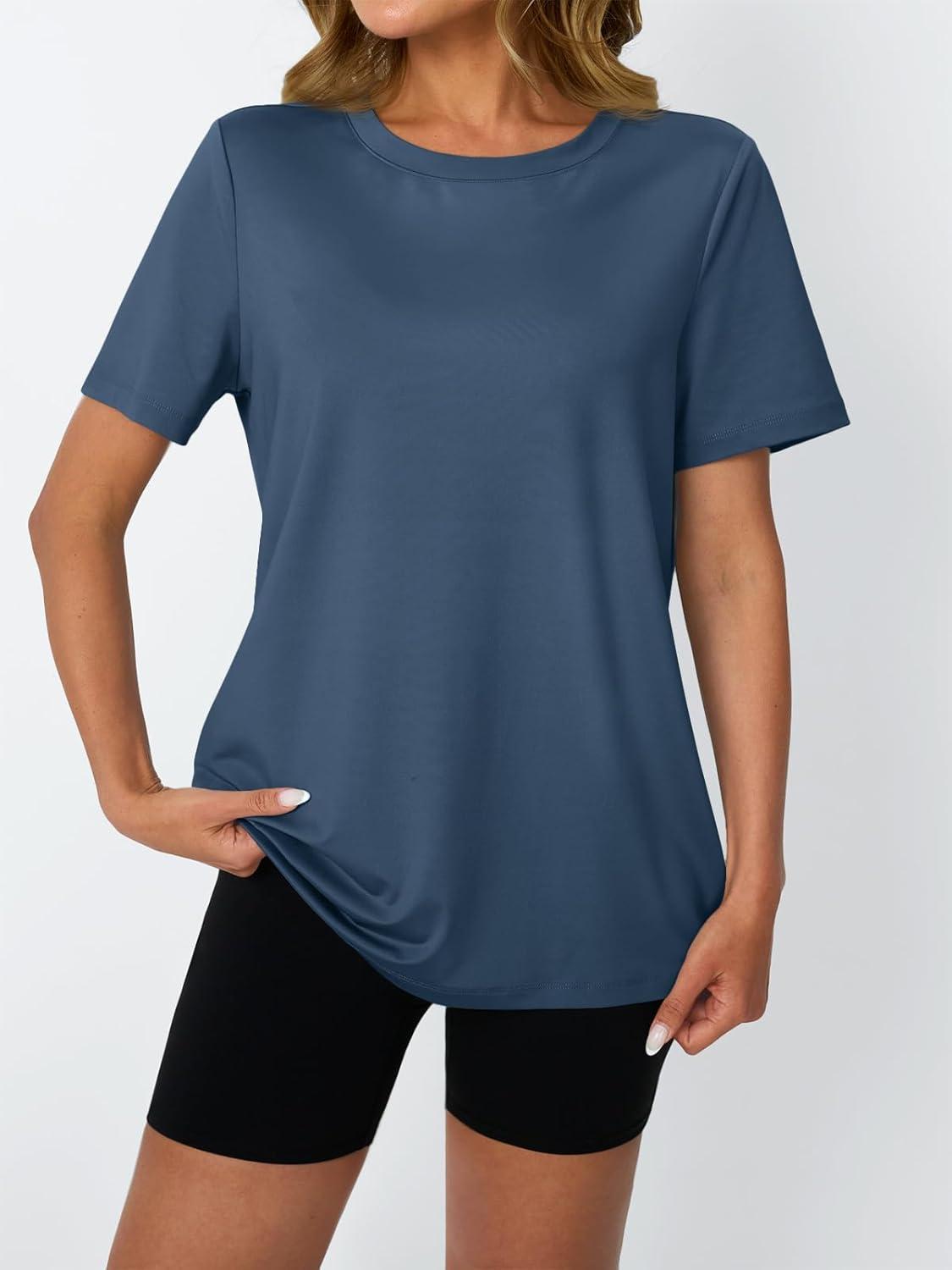 imageAUTOMET Womens Workout Tops Short Sleeve Gym Shirts Summer Athletic Yoga Tshirts Loose Fit Casual Clothes 2025Navy