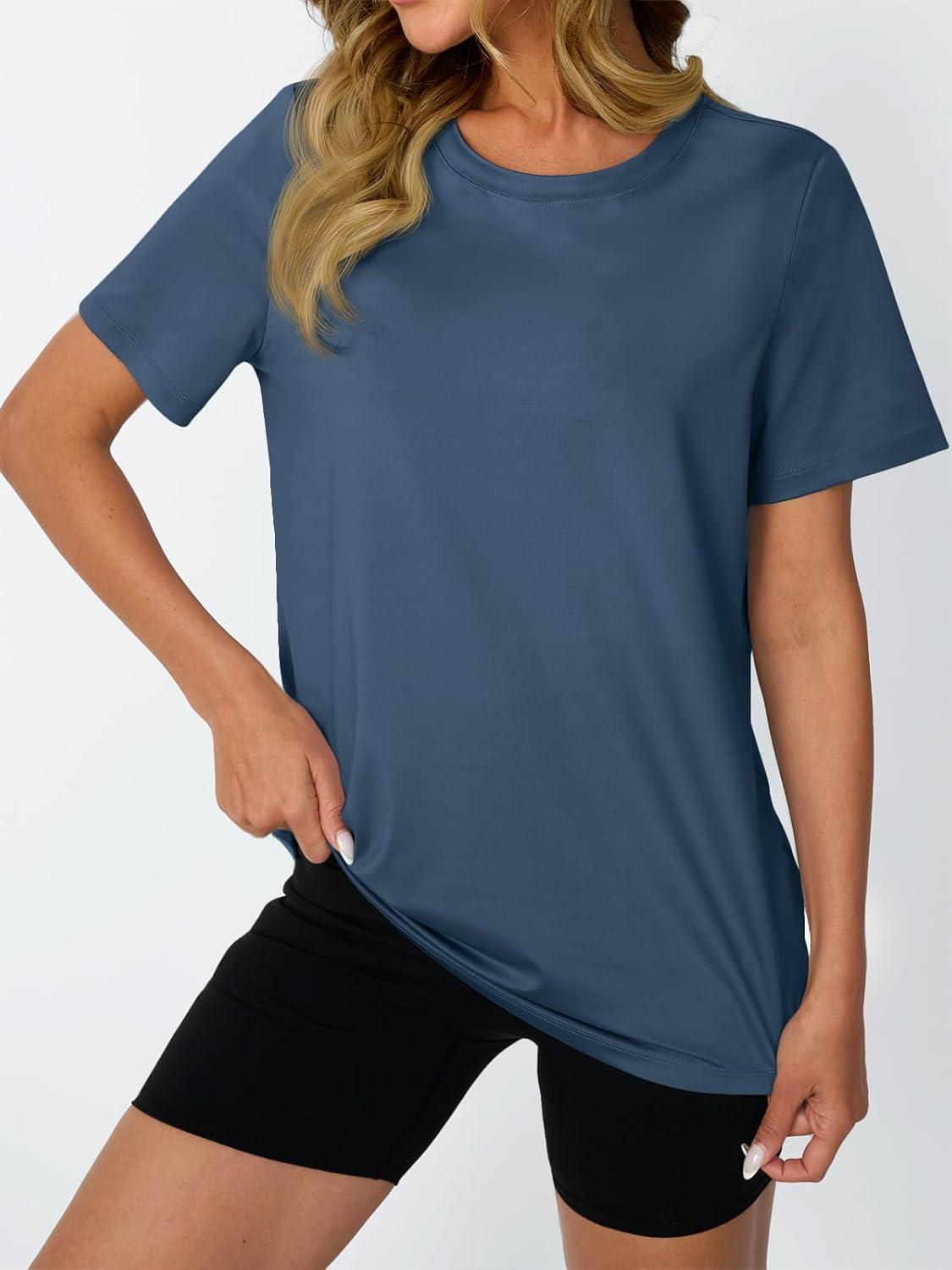imageAUTOMET Womens Workout Tops Short Sleeve Gym Shirts Summer Athletic Yoga Tshirts Loose Fit Casual Clothes 2025Navy