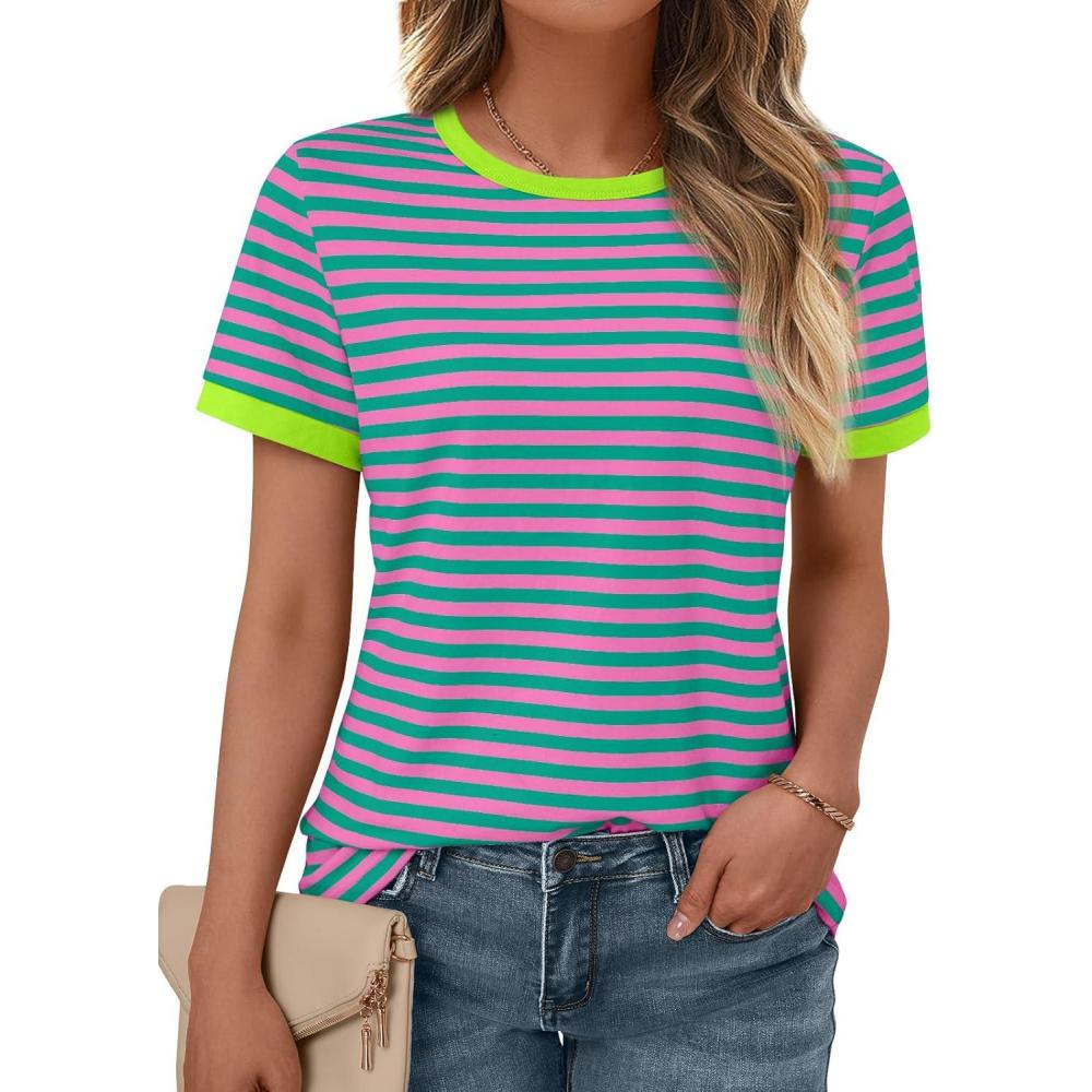 imageAUTOMET T Shirts for Women Striped Crewneck Casual Basic Summer Tops Short Sleeve Color Block Loose Tee ShirtsPink Green