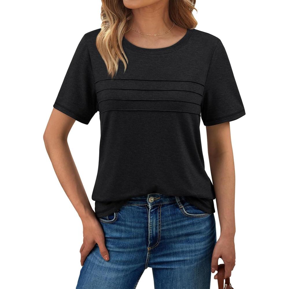 imageAUTOMET Womens Summer Short Sleeve Shirts Trendy TShirts Dressy Casual Blouses 2025 Crew Neck Tunic Beach Fashion TopsBlack