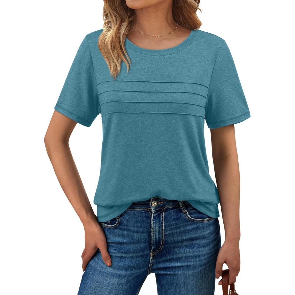 imageAUTOMET Womens Summer Short Sleeve Shirts Trendy TShirts Dressy Casual Blouses 2025 Crew Neck Tunic Beach Fashion TopsBluegreen