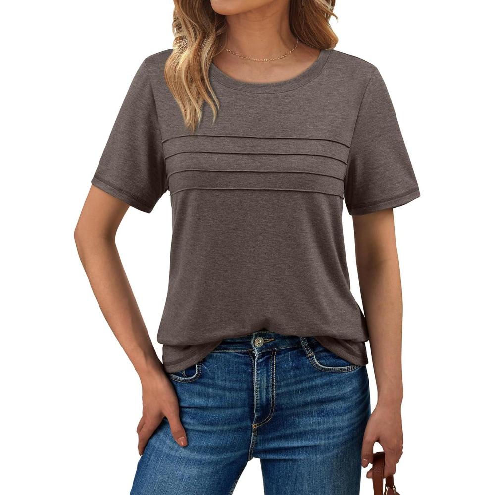 imageAUTOMET Womens Summer Short Sleeve Shirts Trendy TShirts Dressy Casual Blouses 2025 Crew Neck Tunic Beach Fashion TopsCoffee