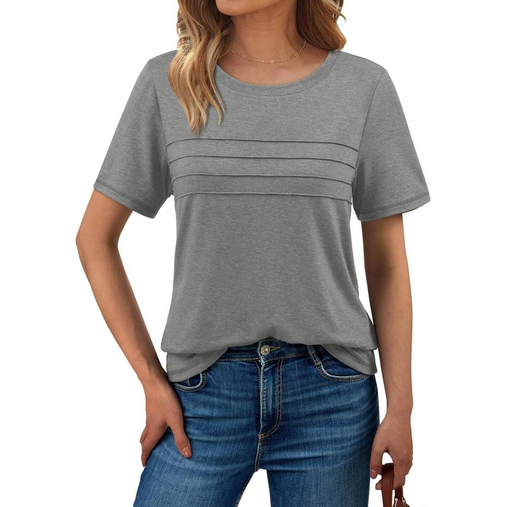imageAUTOMET Womens Summer Short Sleeve Shirts Trendy TShirts Dressy Casual Blouses 2025 Crew Neck Tunic Beach Fashion TopsGrey