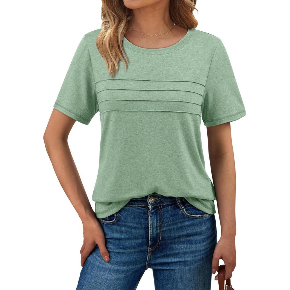 imageAUTOMET Womens Summer Short Sleeve Shirts Trendy TShirts Dressy Casual Blouses 2025 Crew Neck Tunic Beach Fashion TopsLightgreen