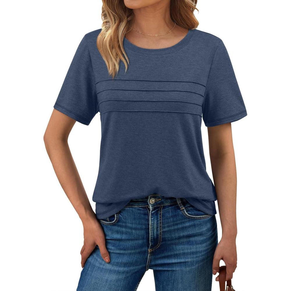 imageAUTOMET Womens Summer Short Sleeve Shirts Trendy TShirts Dressy Casual Blouses 2025 Crew Neck Tunic Beach Fashion TopsNavy