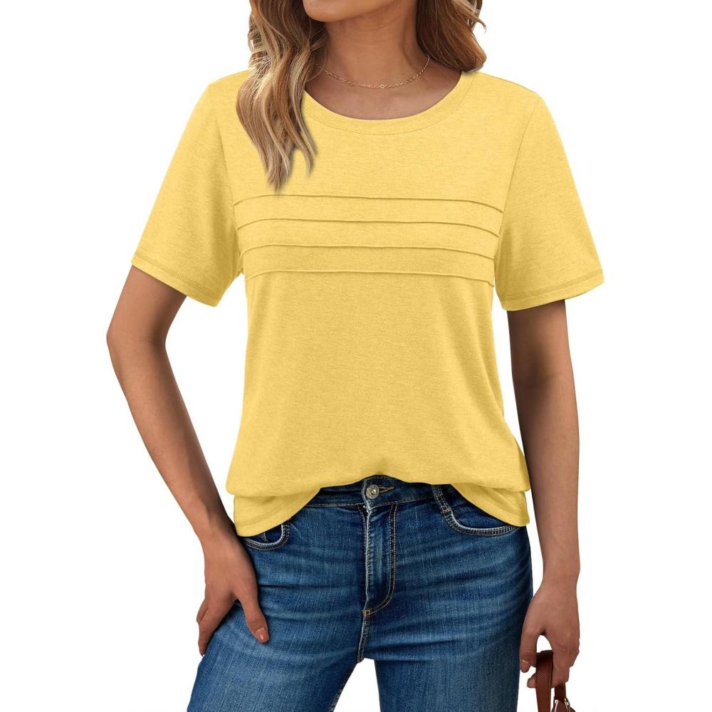 imageAUTOMET Womens Summer Short Sleeve Shirts Trendy TShirts Dressy Casual Blouses 2025 Crew Neck Tunic Beach Fashion TopsYellow