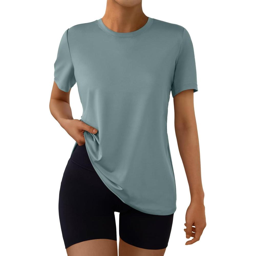imageAUTOMET Womens Workout Tops Short Sleeve Gym Shirts Summer Athletic Yoga Tshirts Loose Fit Casual Clothes 2025Greygreen