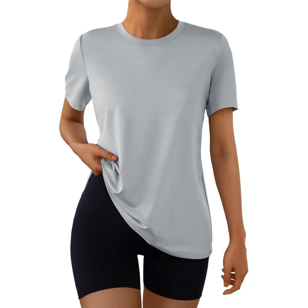 imageAUTOMET Womens Workout Tops Short Sleeve Gym Shirts Summer Athletic Yoga Tshirts Loose Fit Casual Clothes 2025Lightgrey