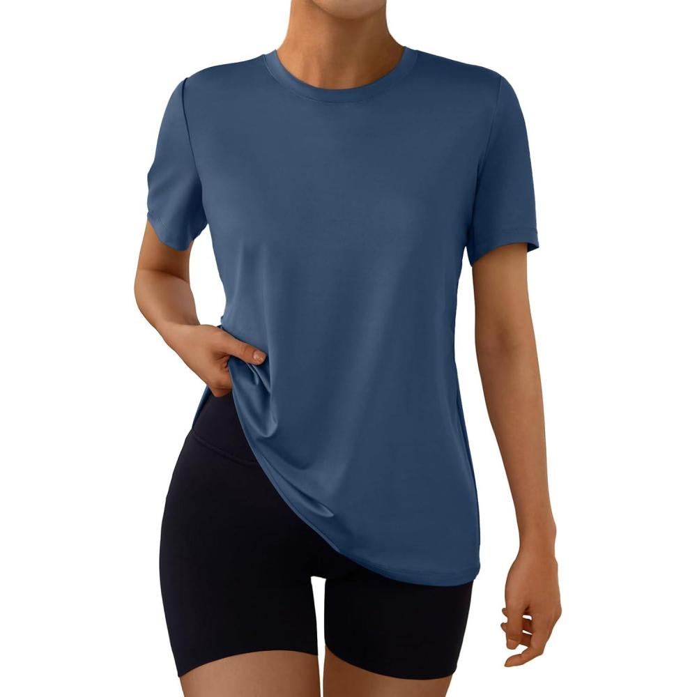 imageAUTOMET Womens Workout Tops Short Sleeve Gym Shirts Summer Athletic Yoga Tshirts Loose Fit Casual Clothes 2025Navy