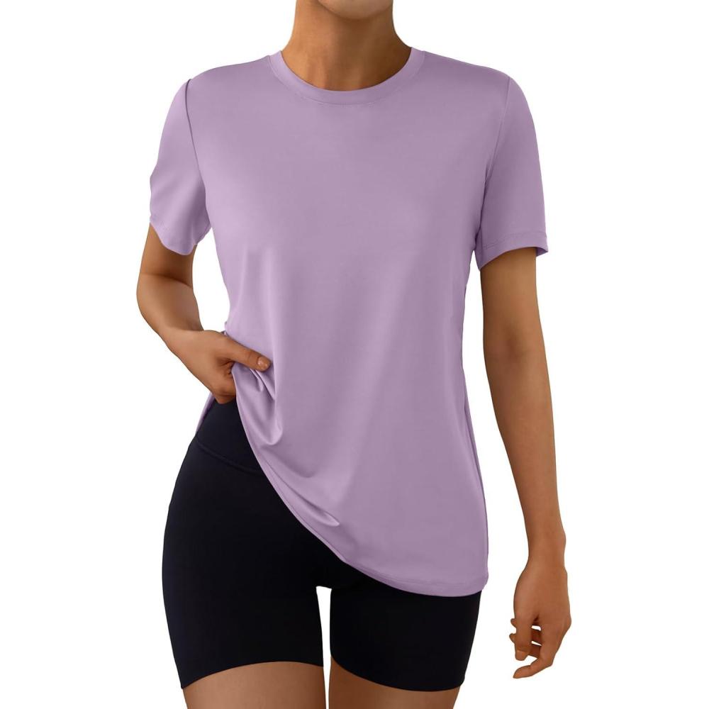 imageAUTOMET Womens Workout Tops Short Sleeve Gym Shirts Summer Athletic Yoga Tshirts Loose Fit Casual Clothes 2025Purple
