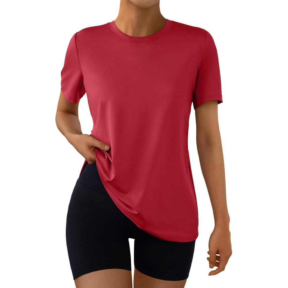imageAUTOMET Womens Workout Tops Short Sleeve Gym Shirts Summer Athletic Yoga Tshirts Loose Fit Casual Clothes 2025Red