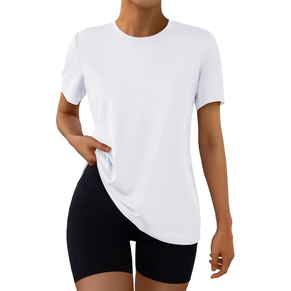 imageAUTOMET Womens Workout Tops Short Sleeve Gym Shirts Summer Athletic Yoga Tshirts Loose Fit Casual Clothes 2025White