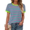 imageAUTOMET T Shirts for Women Striped Crewneck Casual Basic Summer Tops Short Sleeve Color Block Loose Tee ShirtsPink Green