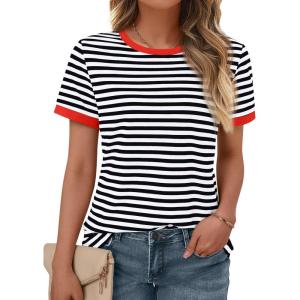imageAUTOMET T Shirts for Women Striped Crewneck Casual Basic Summer Tops Short Sleeve Color Block Loose Tee ShirtsBlack White